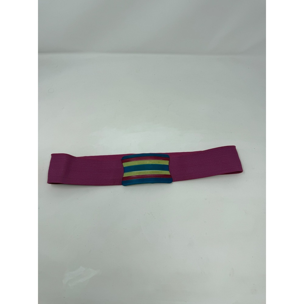 Vintage 80s Danny Nobless Magenta Pink Elastic Cinch Belt Multi Color Buckle ML